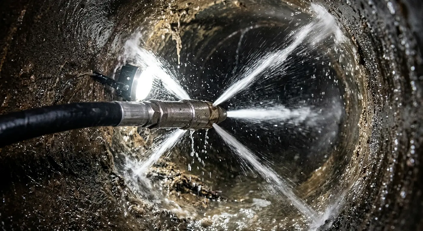 High-pressure hydro jetting nozzle cleaning sewer pipe for Trenchless Sewer Repair in Purcellville