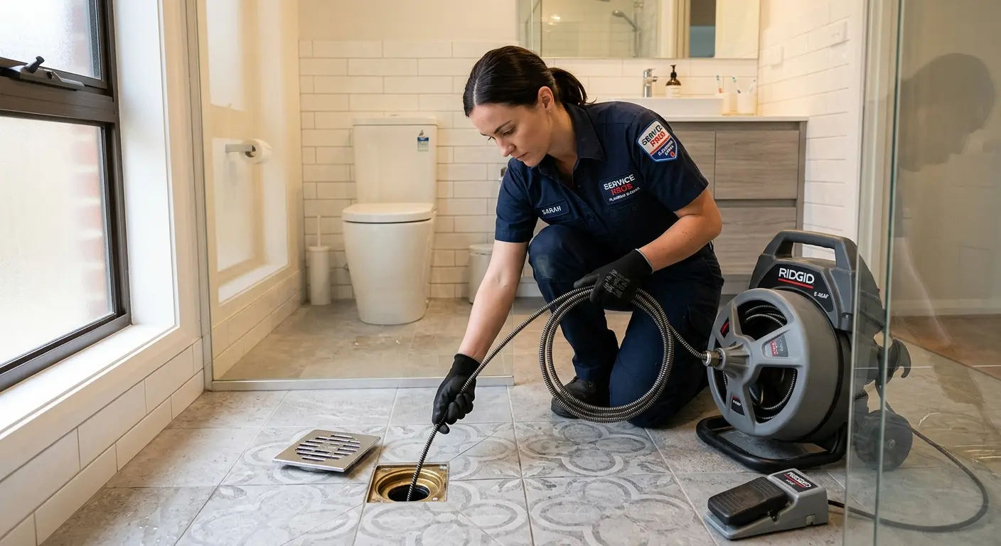 Technician clearing a bathroom floor drain for Drain Cleaning in Purcellville